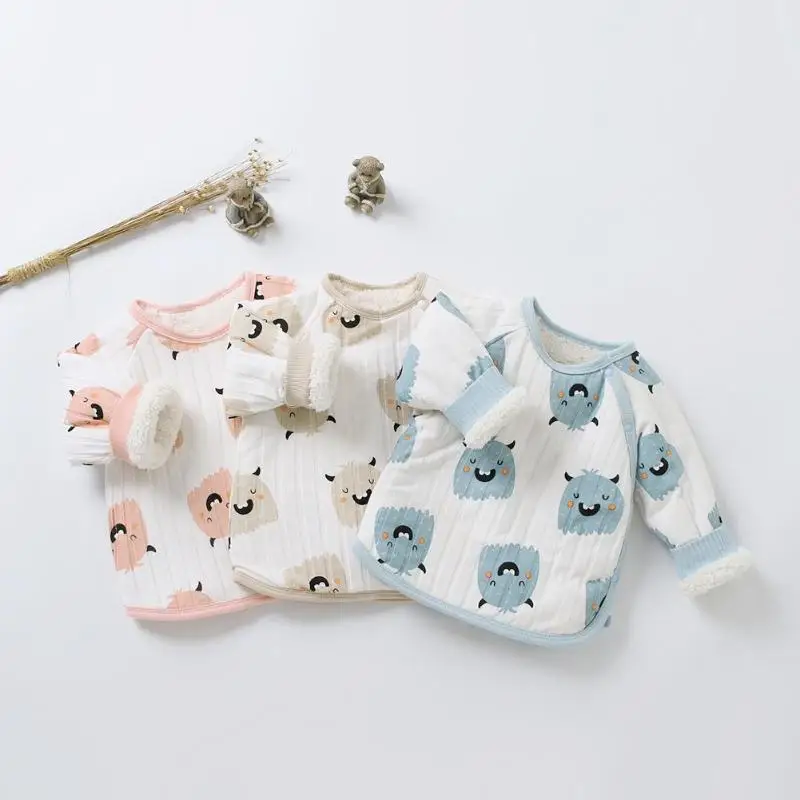 

Winter Fleece Cartoon Print Toddler Warm Coat Baby O-Neck Side Buttons Tops