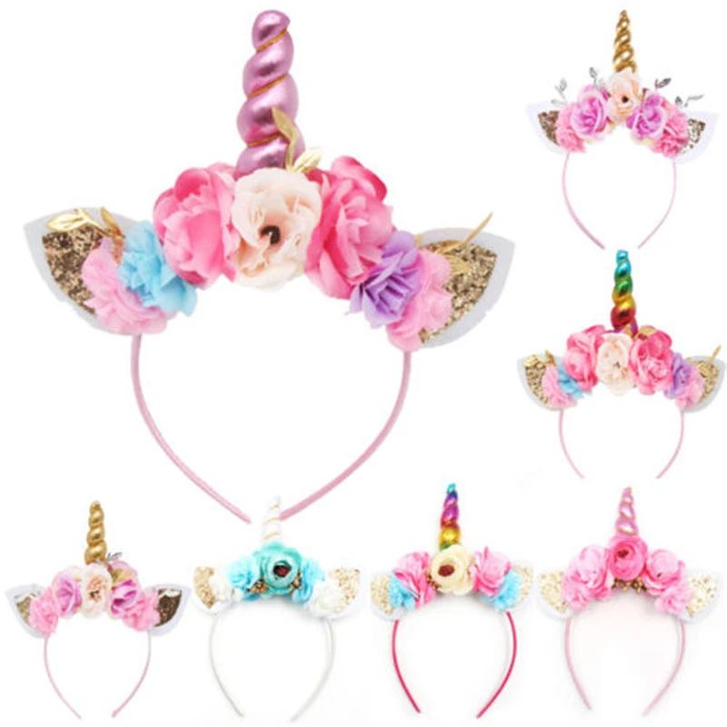 Brand New 2018 Women Kids Party Gold/Silver Unicorn Horn Headband Flower Horn Girls Headwear Birthday Hairband Hair Accessories black head scarf