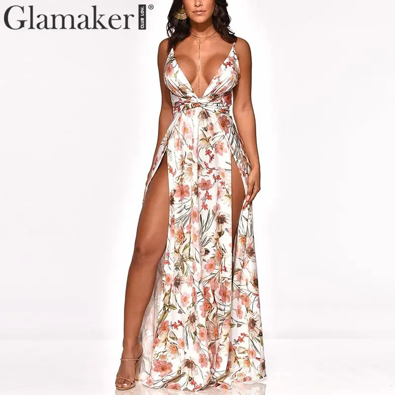 Glamaker الأزهار طباعة v الرقبة زائد حجم ماكسي اللباس المرأة bodycon السامي سبليت خمر اللباس الصيف لونغ بيتش أنيقة مثير اللباس