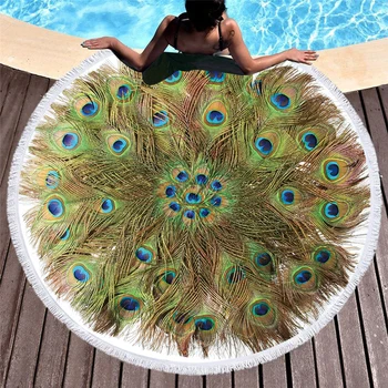 

3D Printed Peacock feathers Microfiber Round Beach Towel for Adults Summer Toalla Tassel Yoga Mat T394