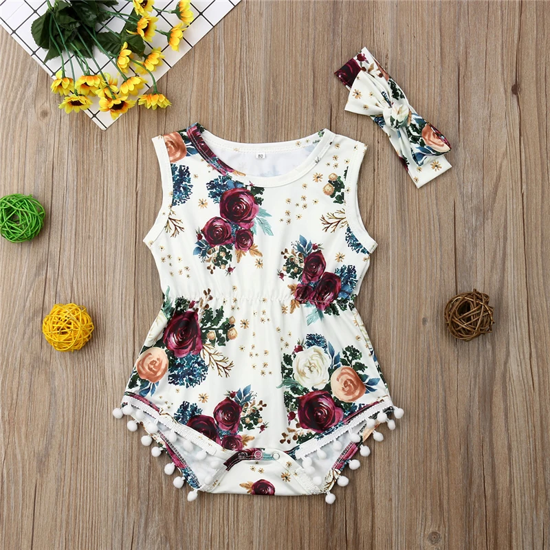 

2019 Summer Sleeveless Round Neck Jumpsuit Outfit Headband Clothes Costume Casual Clothing Newborn Baby Girl Floral Bodysuit