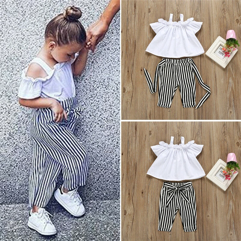 

2Pcs Girls Clothes White Off Shoulder T-shirt+Striped Pants Summer Kids Toddler Girl Clothes Tops Girlymax Outfits Sunsuit