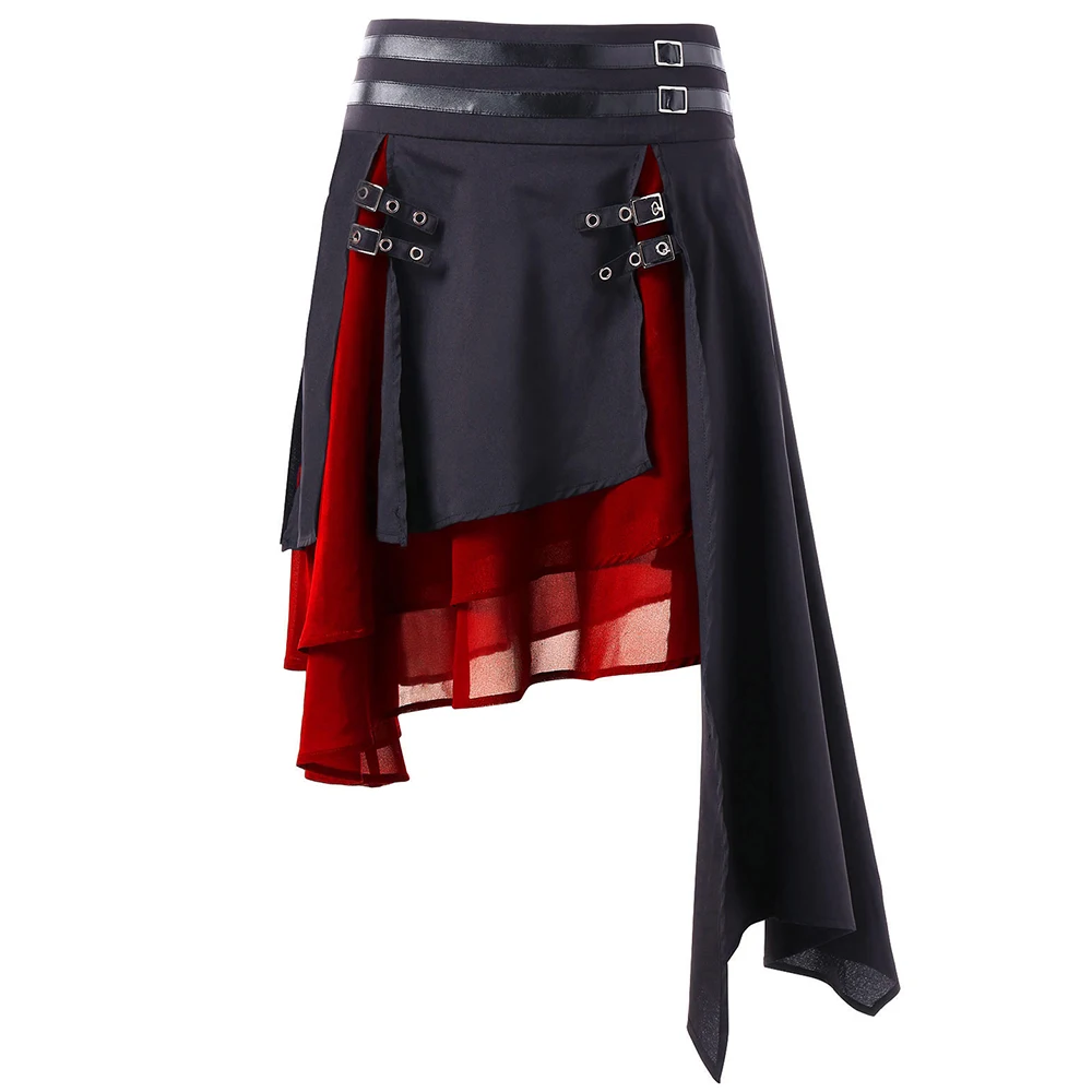

Joineles Faux Leather Chiffon Women Skirts High Waist Contrast Asymmetrical Female Skirt Folk Layer Buckle Fashion Gothic Skirts