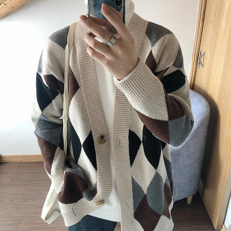 

Fashion Men's Casual New Autumn And Winter Knitted Sweater M-XL Cardigan Geometric Color Matching Long-sleeved V-neck Slim Youth