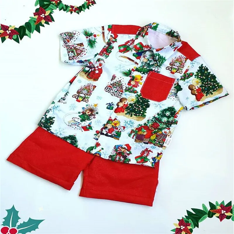 Комплект одежды для маленьких мальчиков с рождественской тематикой, футболка с короткими рукавами топ+ красные или Зеленые Короткие штаны комплект одежды на год