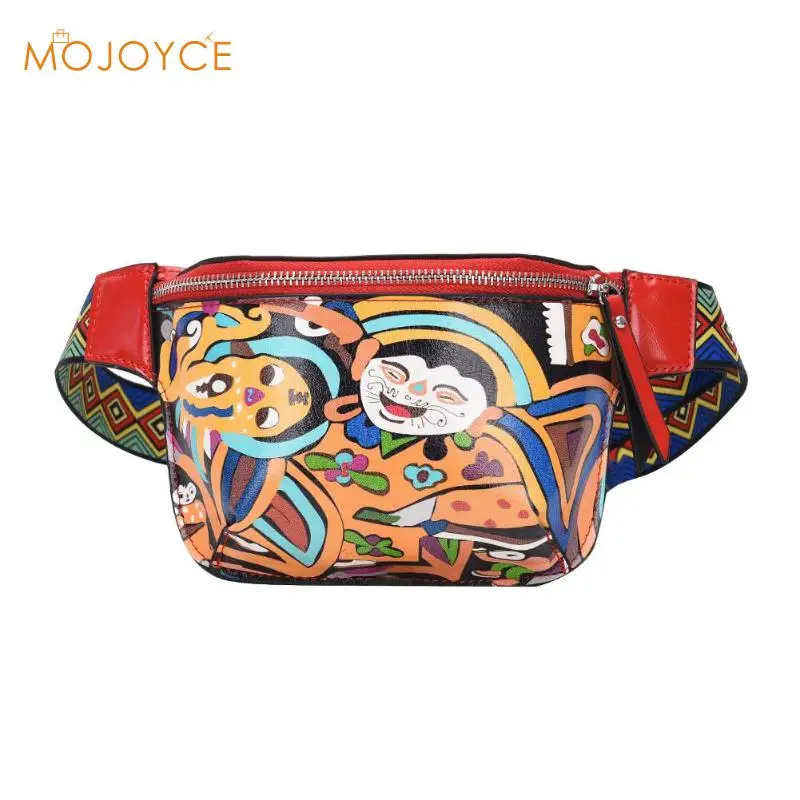 

Ethnic Cute Fanny Pack Waist Bag for Women Personality Belt Women Graffiti PU Leather Chest Handbags With Colorful Shoulder Belt