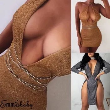 

HIRIGIN Women Deep V-Neck Sequin Bodycon Evening Party Club Sexy Lady Mini Dress