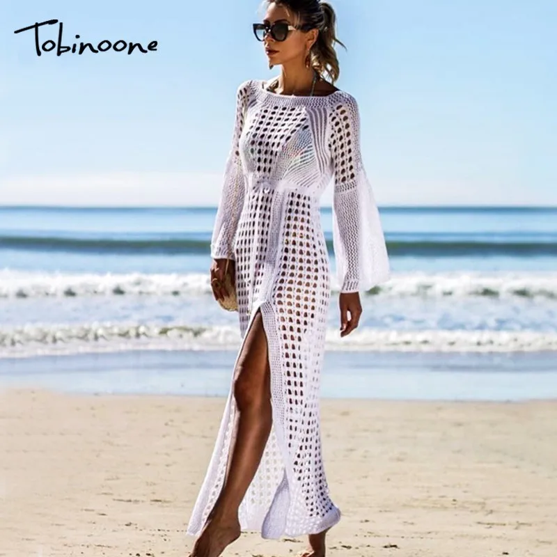 

Tobinoone Elegant o neck summer dress women Transparent embroidery lace dress long Beach wear white dress casual vestidos 2019