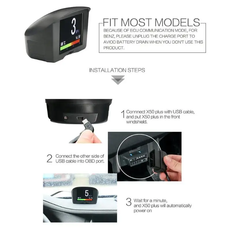 VODOOL X50 Plus Многофункциональный Автомобильный OBD HUD Дисплей на голову система