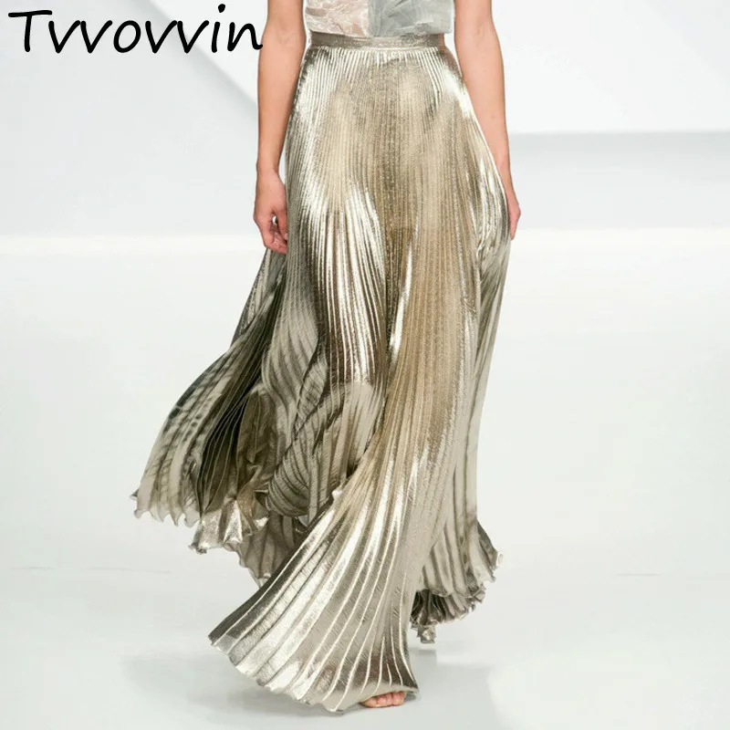 

TVVOVVIN False Silk Elastic Long Pleated High Waist Skirts Women Spring Autumn Winter Summer Skirt Wear 2019 E283