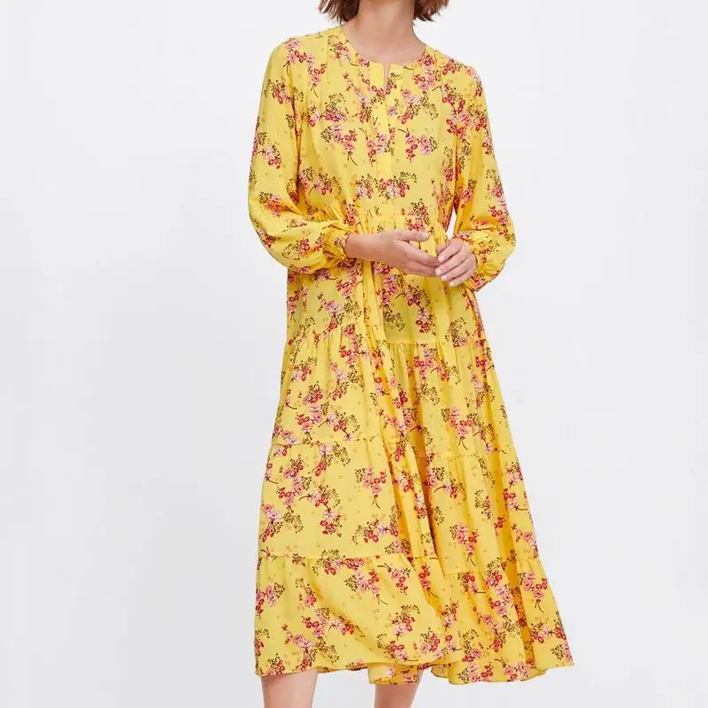 

Women Spring Dresses 2018 New Fashion Floral Prints Yellow Pattern Modern Lady's Mid-Calf Loose Casual dresses Feminino Vestidos