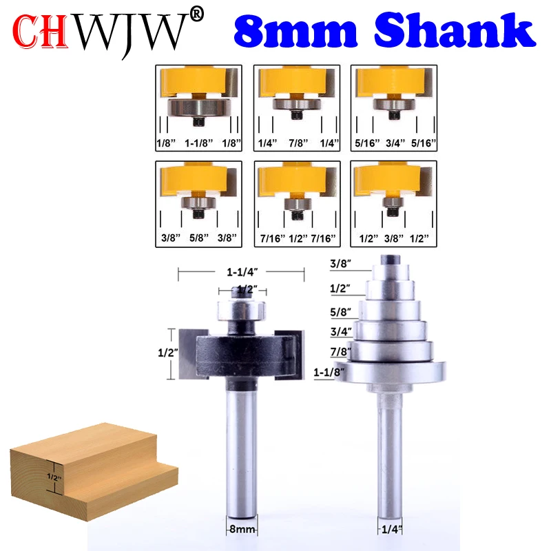 3/8'' 8mm Shank Rabbet Router Bit with 6 Bearings Set 5/8'' 1/2'' 3/4'', 