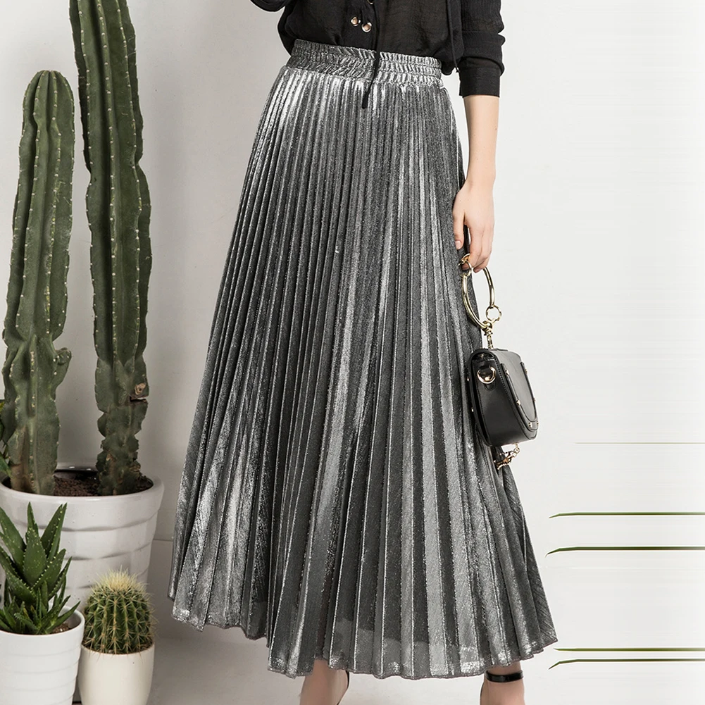 Новая летняя плиссированная юбка золотого и серебряного цвета эластичные осенние юбки с высокой талией женские Saias Midi Faldas винтажные женские миди юбки