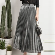 Новая летняя плиссированная юбка золотого и серебряного цвета эластичные осенние юбки с высокой талией женские Saias Midi Faldas винтажные женские миди юбки