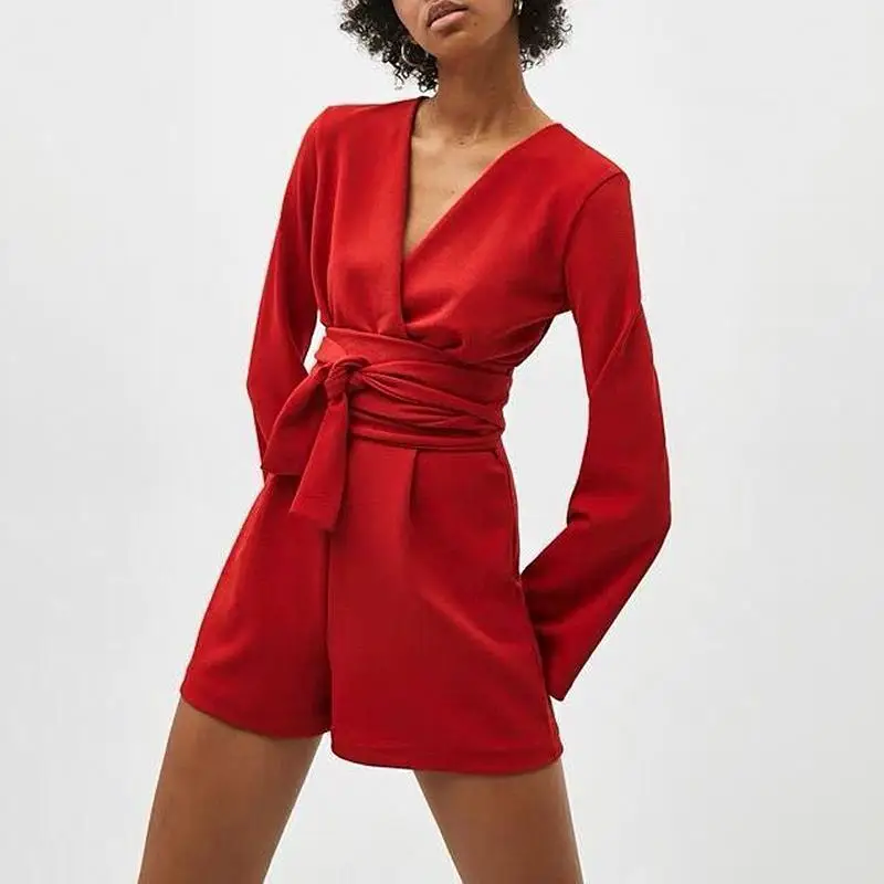 

Vintage long sleeve romper Summer spring sashes red overall jumpsuits 2019 Office ladies casual solid female romper jumpsuits