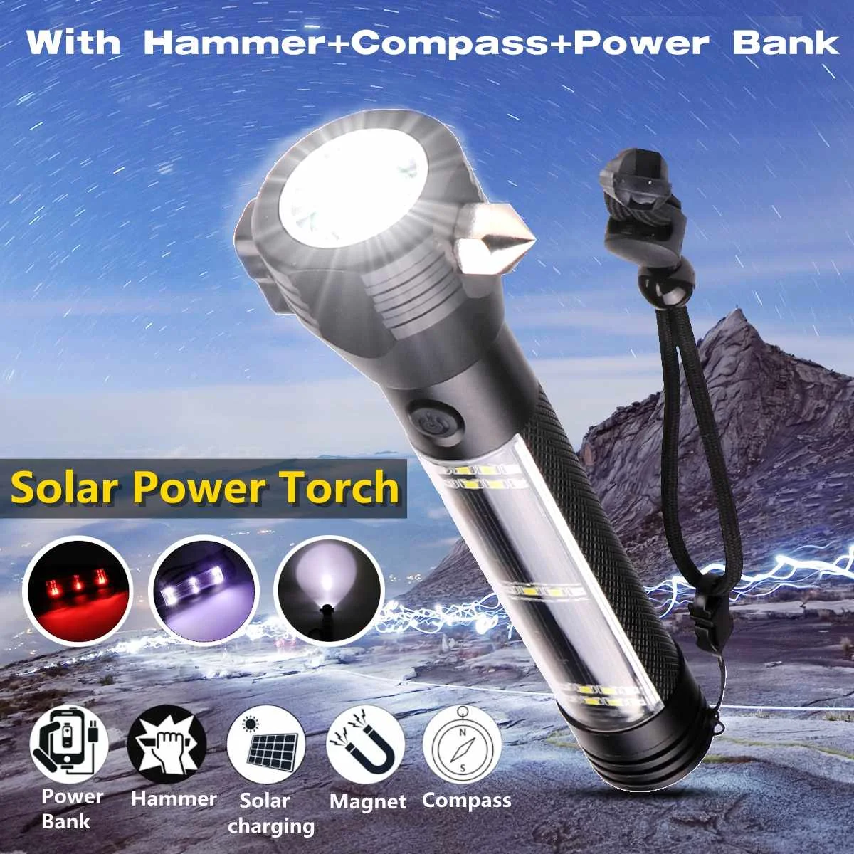 

Solar Light 9 in 1 Multi-Functional LED Flashlight 18650 Battery Power Bank Outdoor Sport Emergency Survival Tool