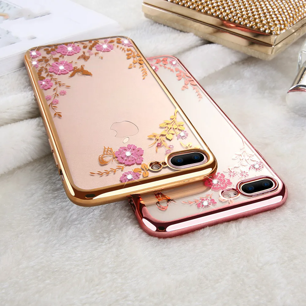 Floral Patterned Case For iPhone XS MAX XR 7 6 6S 8 Plus Glitter Bling