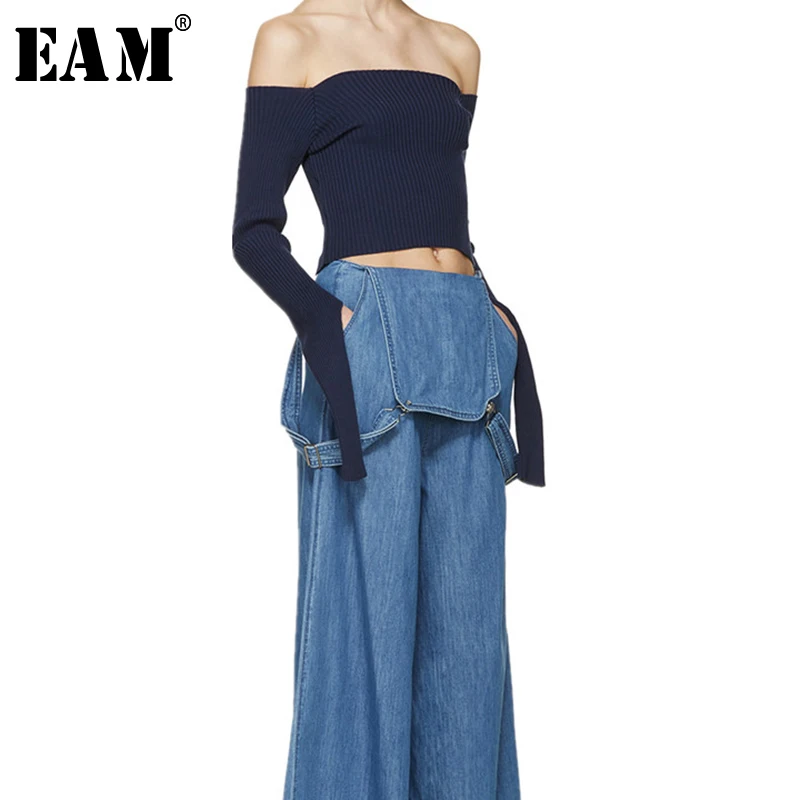 

[EAM] 2019 New Spring Summer High Waist Loose Denim Strap Wide Leg Jeans Women Trousers All-match Fashion Tide JS688
