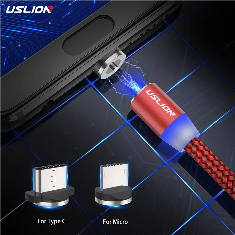 

USLION 1M 2A LED Magnetic Cable For Micro USB Type C Phone Cable for Redmi 3s Samsung A5 2017 J5 2017 Charge Magnet Plug Charger