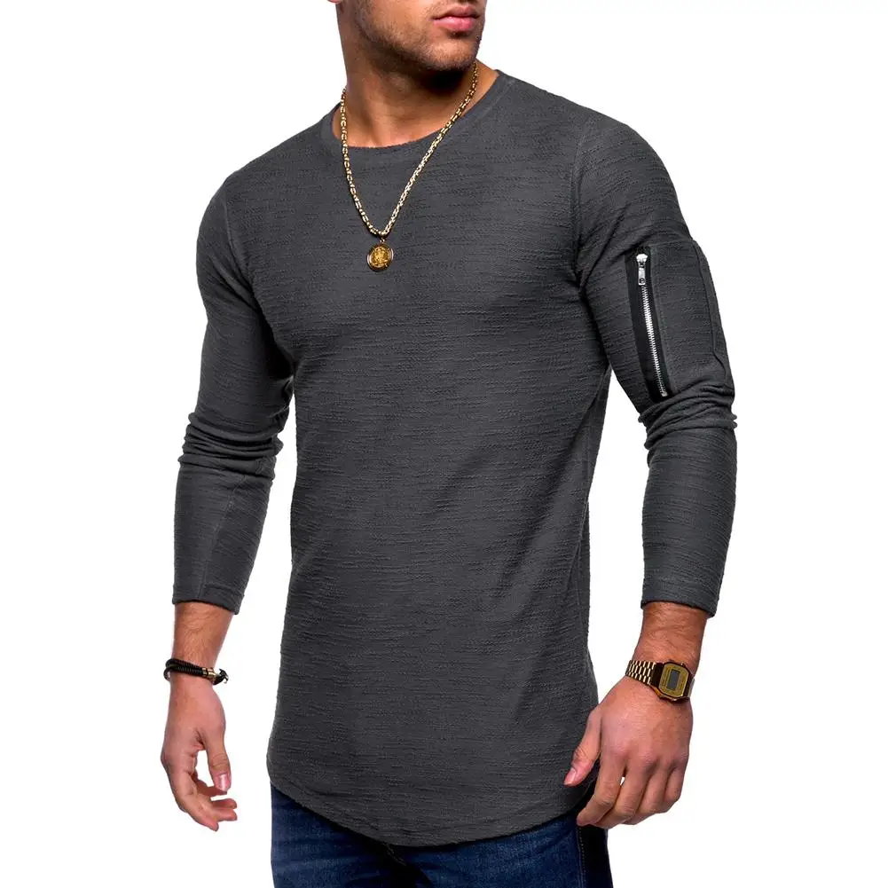 MISSKY Men T Shirt Casual Long Sleeve Round Neck Solid Color Zipper ...