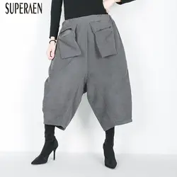 SuperAen Европа Женщины теленок Длина брюки дикий случайный 2018 зима новый вельвет сплошной цвет широкие брюки Pluz Размер свободные брюки