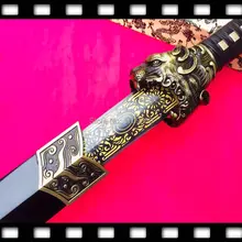 KungFu chinois, épée de combat tête de tigre de la dynastie Han, lame noire/dorée, WuShu Jian Sharp 1090 en acier à haute teneur en carbone
