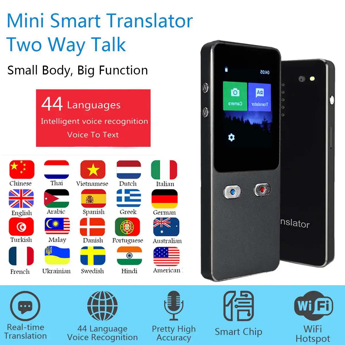 

Portable Smart Voice Translator 44 Languages Touchs Screen WiFi Voice Text Photo Language Translator Two Way Instant Translator