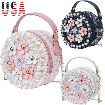 

Kid Girl Princess Handbag Sling Shoulder Bag PU Round Crossbody Purses Hot New Sweet Round Pearl Flower Decor Woman Shoulder Bag