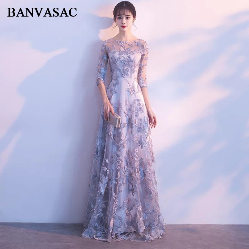 

BANVASAC O Neck Lace Butterfly Appliques A Line Long Evening Dresses Elegant Party Illusion Backless Prom Gowns