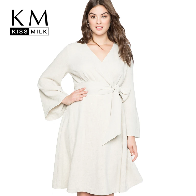 

Kissmilk Belt Flared Sleeve Solid Color Bathrobe Sexy Winter Party Long Plus Size White Christmas Autumn Dress Women
