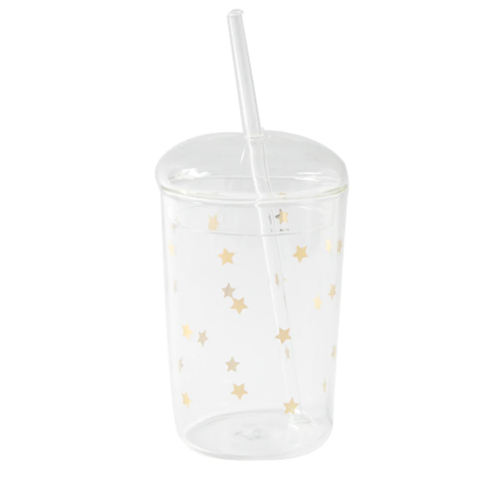 

3Pcs 460ML Water Bottles Glass Transparent Milkshake Cup Heat Resistant Shining Star Pattern Thicken Coffee Cup With Lid & Straw