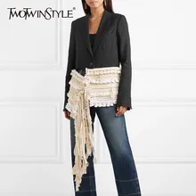 TWOTWINSTYLE Женский блейзер с отворотами и кисточками в стиле пэтчворк, длинный рукав, тонкий ассиметричный хит цвета, модная женская одежда, весна