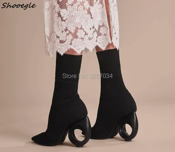 

SHOOEGLE Fashion Runway Boots Women Stretch Fabric Boots Pointed Toe Fretwork Heels Sock Ankle Boots Celebrity Party Shoes Women