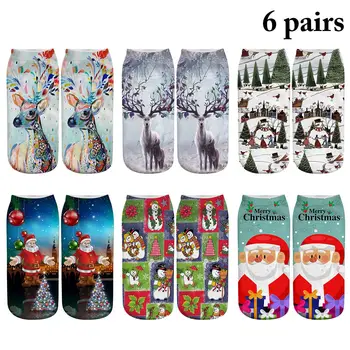 

6Pairs New 3D Print Christmas Socks Unisex Santa Claus Cartoon Elk Snowman Socks Women Low Cut Ankle Socks Xmas Calcetines Mujer