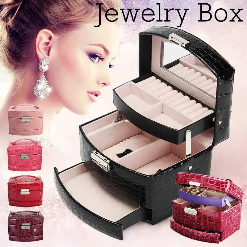 

Faux Leather Jewelry Box Storage Organizer Ring Earring Holder Necklace Jewelry Gift Box Built-in Mirror For Valentine's Day