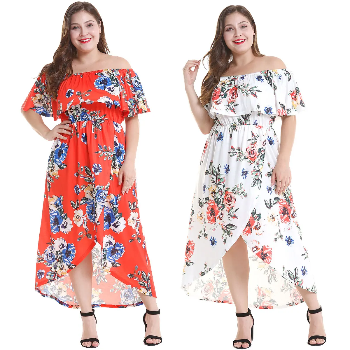 

Wipalo Women Summer Beach Dress Plus Size Bohemian Off Shoulder Ruffled Print Dress Casual Female Loose Dress Vestidos Robes