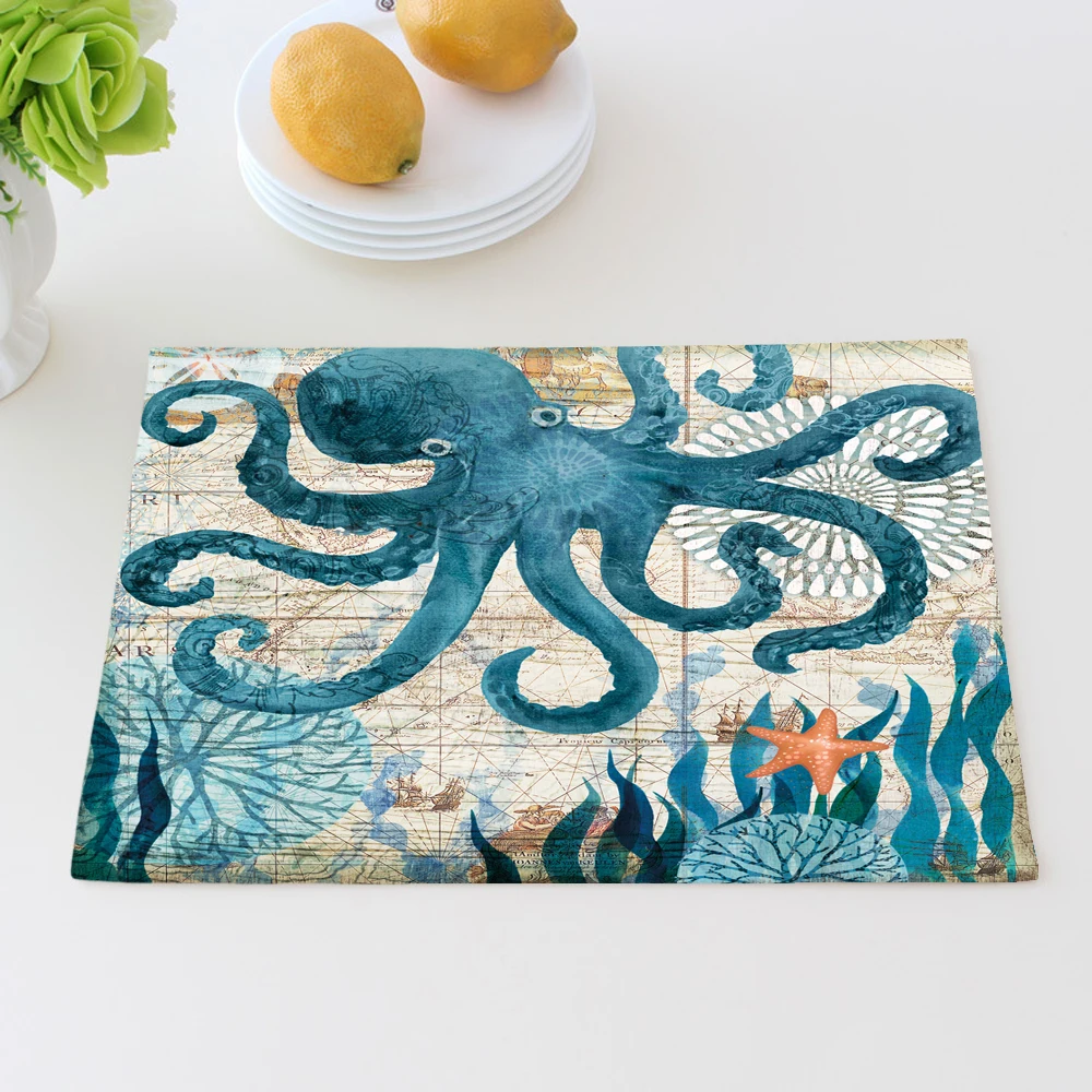 Fanximan مخصص القطن الكتان الجدول حصيرة الأخطبوط البحرية الحيوان مكان حصيرة طاولة الطعام حصيرة سادة فرس البحر السلاحف الوقايات