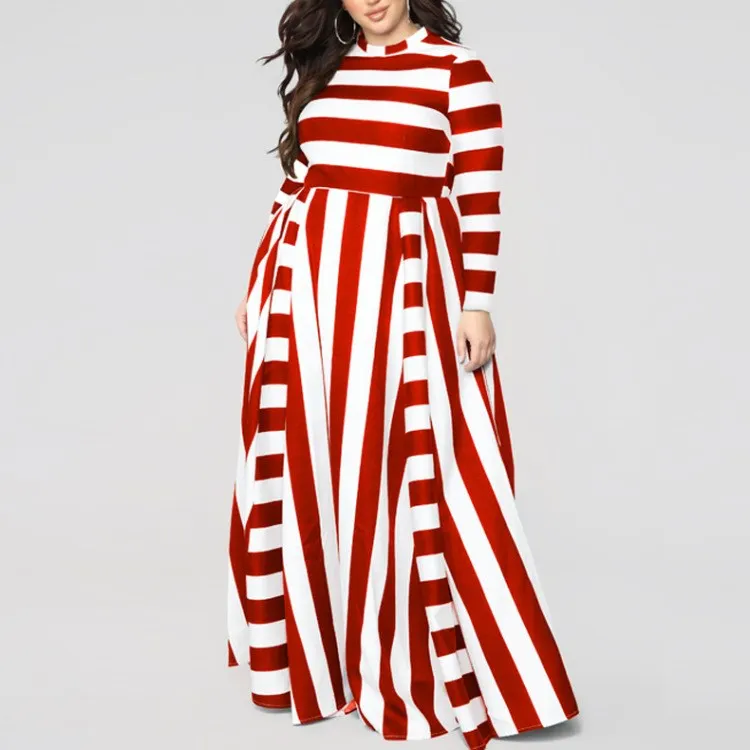 

Women Fat MM Slim Stripe Print Dress Causal Female Long Sleeve Plus Size Dress Maxi Dress High Waist Long Sleeve Party Dress 7XL