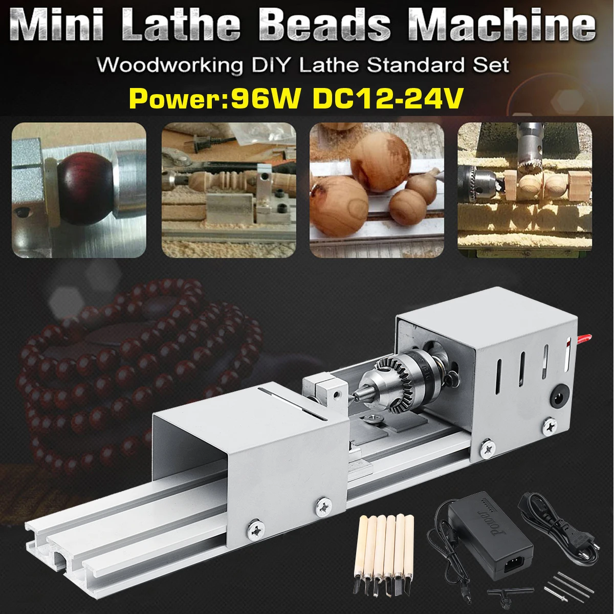

New 96W Mini Lathe Beads Machine Woodwork DIY Lathe Standard Set with Power DC12-24V carving cutter