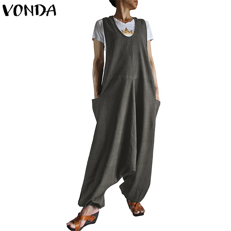 

VONDA Rompers Womens Jumpsuit 2019 Autumn Spring Harem Pants Casual Loose Playsuits Pockets Solid Overalls Plus Size Trousers