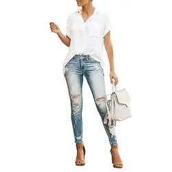 Для женщин Летняя мода короткий рукав Твердые отложной воротник хлопок белье карман повседневное Свободная рубашка туника блузка