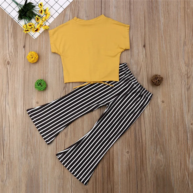 2-7T комплект летней одежды для маленьких девочек; однотонные свободные топы; блузка; леггинсы в полоску с короткими рукавами; штаны