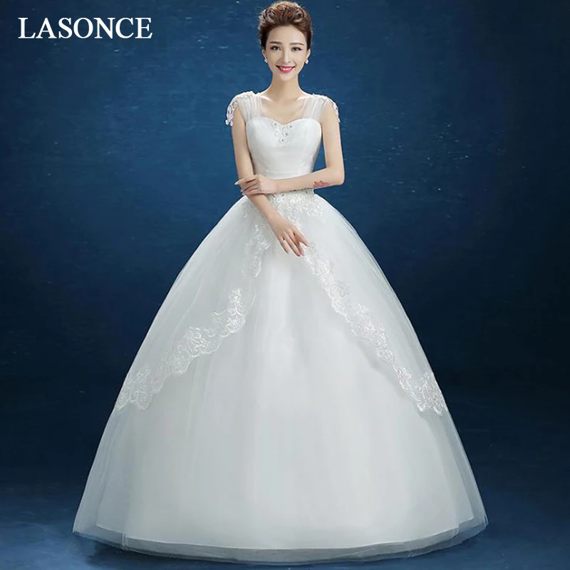 

LASONCE Crystal Flowers Pleat Sweetheart Lace Appliques Ball Gown Wedding Dresses Sequined Backless Bridal Gowns