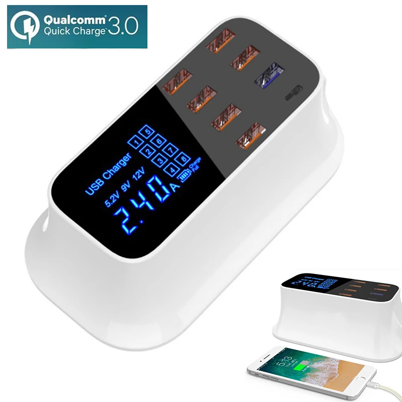 Цена Многопортовое font b USB b font зарядное устройство 8 портовый концентратор Quick Charge 3,0 Настольный несколько светодиодный настольный font b usb b font зарядная станция Бы...