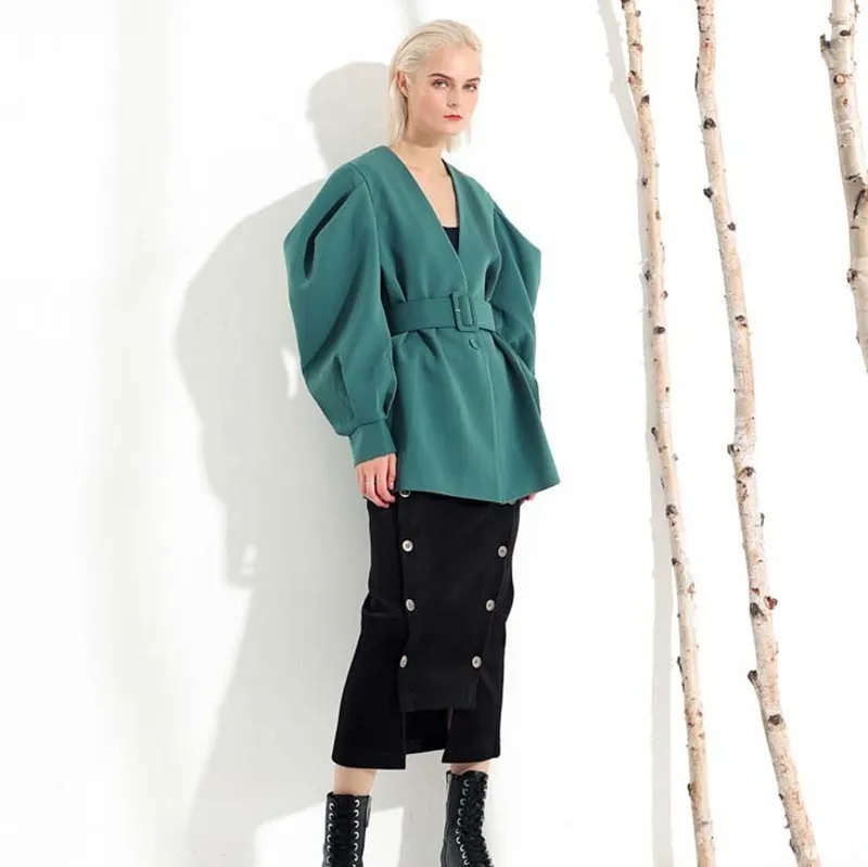 Longue Femmes eam Jl083 Fendue Manteau Nouveau Vert Mode Green Lâche 2019 Manches col V Bandagejacket Printemps black Fold Hiver Chauve souris Commune xwYfFwqg