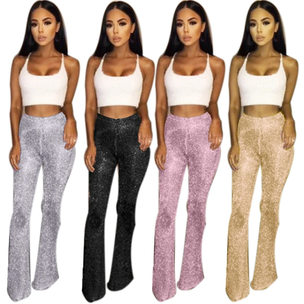 

Sexy High Waist Knitted Flare Pants Women Metal Color Sequined Wide Leg Pants Female Club Party High Elastic Waist Trousers
