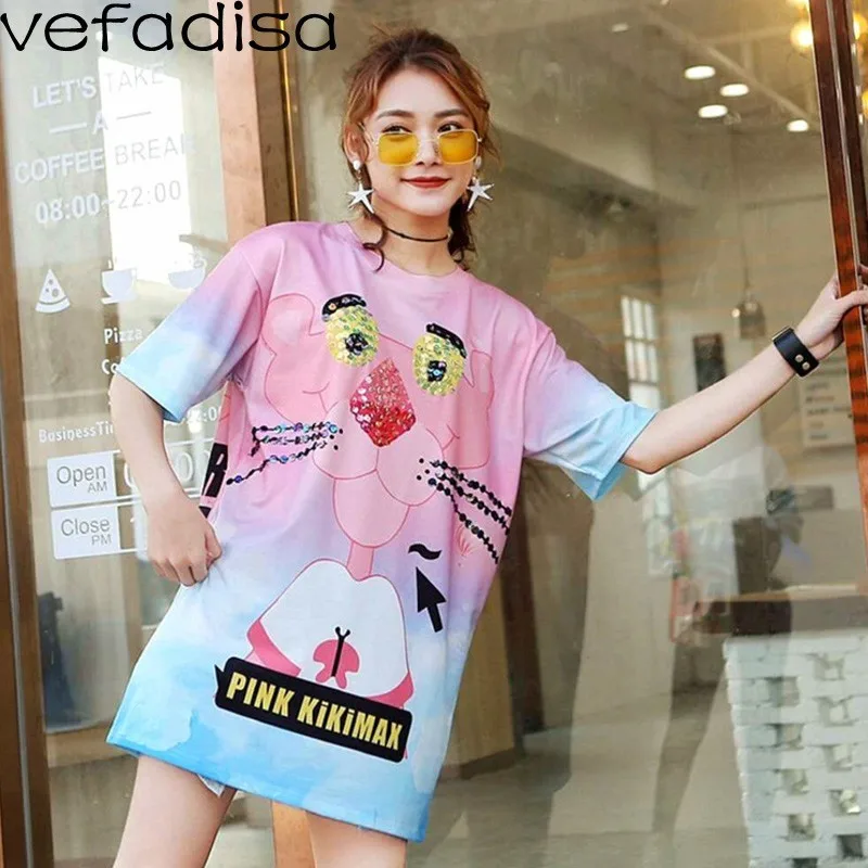 

Vefadisa Cartoon Tiger T-Shirt Women Beaded Long T-Shirt O-Neck Pullover T-Shirt Girls Sweet Summer Short Dress ZLD575