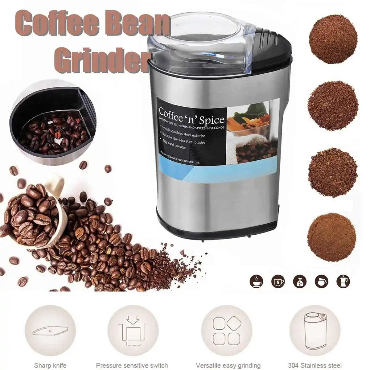 

200W Electric Stainless Steel Blades Coffee Bean Grinders Spice Maker Nuts Grinding Mill Blenders Machine Cafe Home Kitchen Tool