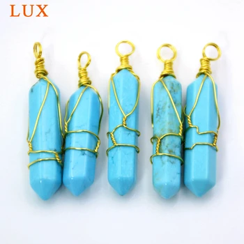 

Blue Turquoises howlite gem stone point pendant wire wrapped jewelry in gold plate wire charms hung Great gift
