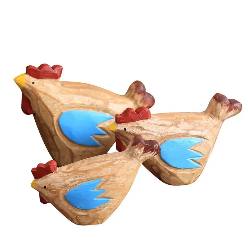 

3cps Wooden Chicken Decor Figurines Set Decorative Miniatures Home Gift Ornaments Craft for Party Easter Decor